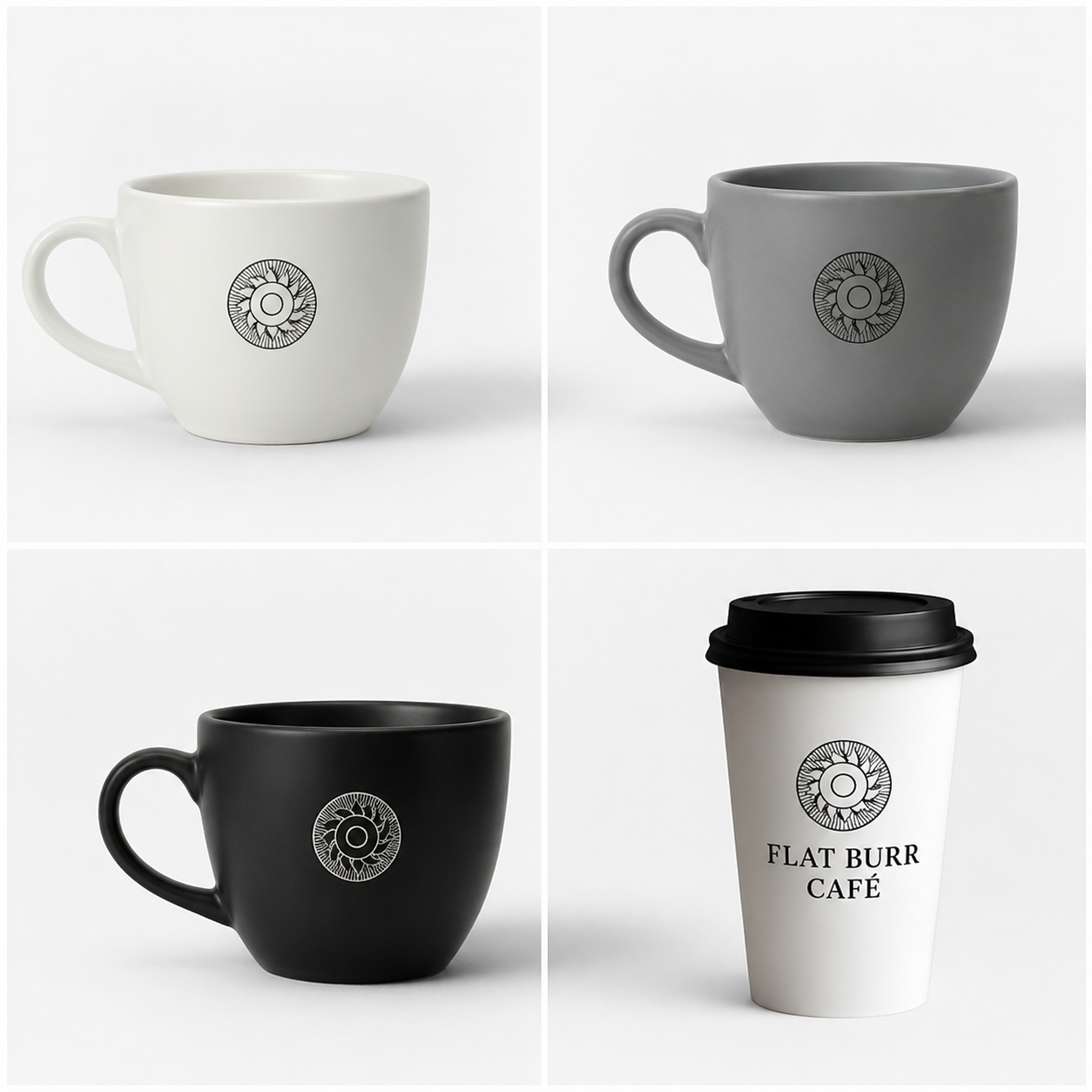 Flat Burr Café cups — porcelain, stoneware, and to-go variants with the burr-wheel mark